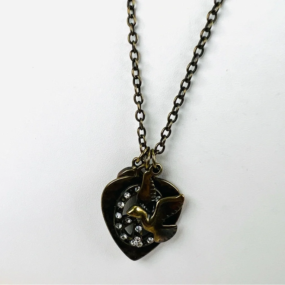 Beautiful bronze stone, 3 charm peace sign, heart, bird, long costume necklace - Picture 5 of 11